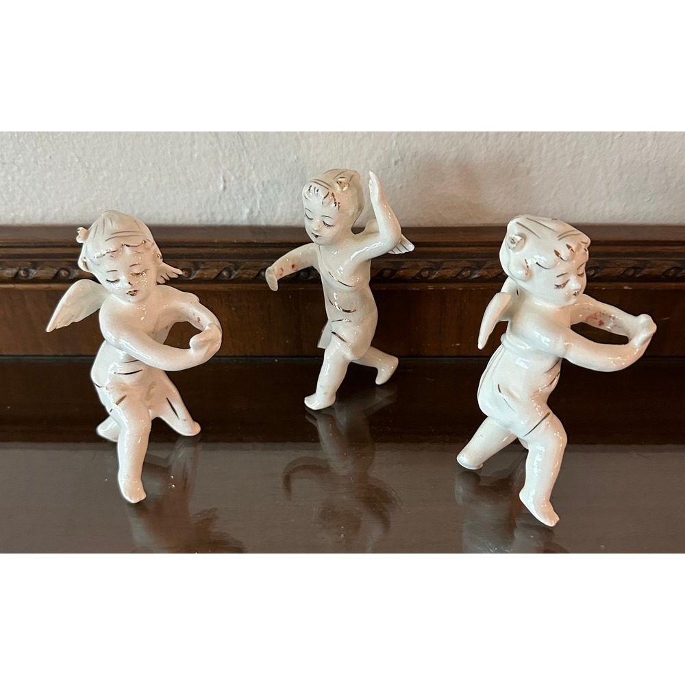 Vintage White Porcelain Dancing Cherub Figurines Gold Gilt Accents Set of 3